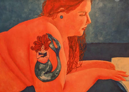 A painting of a young feminine person with bright orange skin and a tattoo of a mermaid reading. The person is lying down and reading as well.